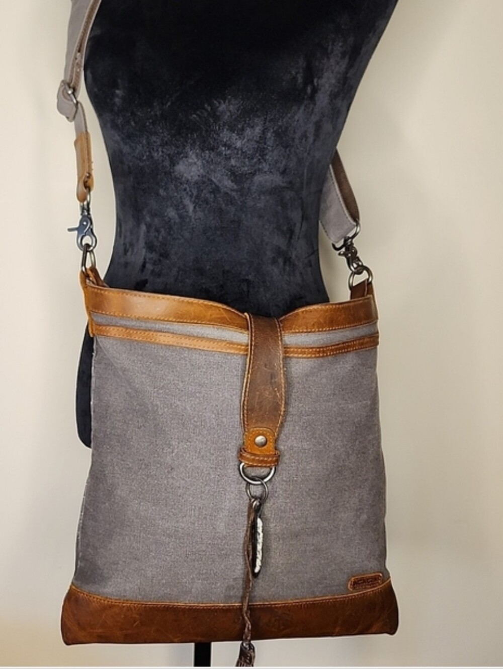 Acacia Gray Canvas Distressed Brown Leather Crossbody Messenger Shoulder Bag